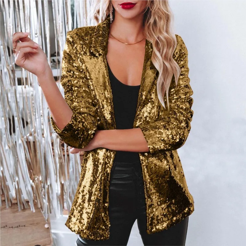 Jakets For Women 2024 Blazer Sequins Coat Trendy Temperament Long Sleeve Lapel Spring Autumn Lady Cardigan Commuting Clothing